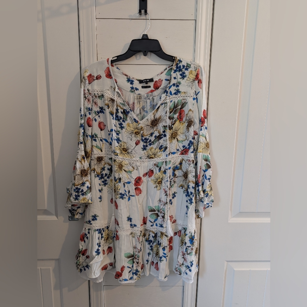 Miss Me Blue and Red Wrap Sundress with Bishop Sleeves